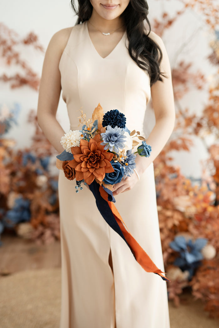 Round Bridesmaid Bouquets in Russet Orange & Denim Blue - Image 6