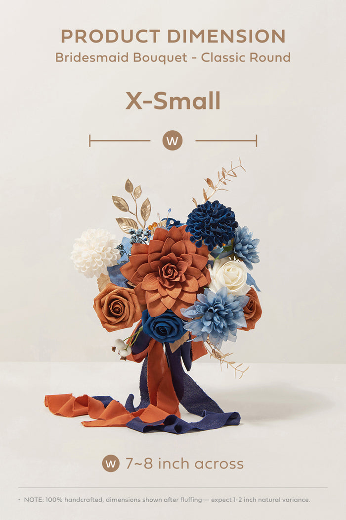 Set of 4 | 7" Bridesmaid Bouquets in Russet Orange & Denim Blue