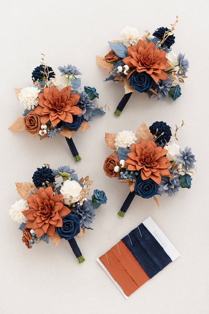 Round Bridesmaid Bouquets in Russet Orange & Denim Blue - Image 7
