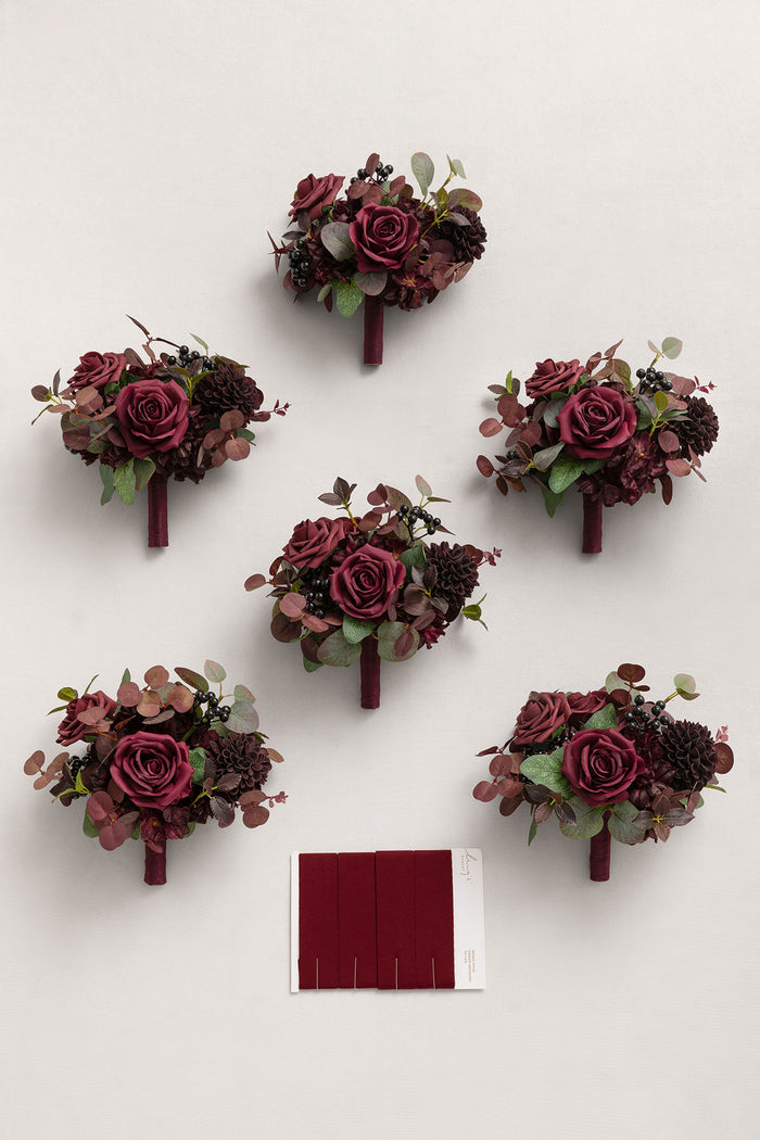 Set of 6 | 7" Bridesmaid Posy in Burgundy & Black Baccara