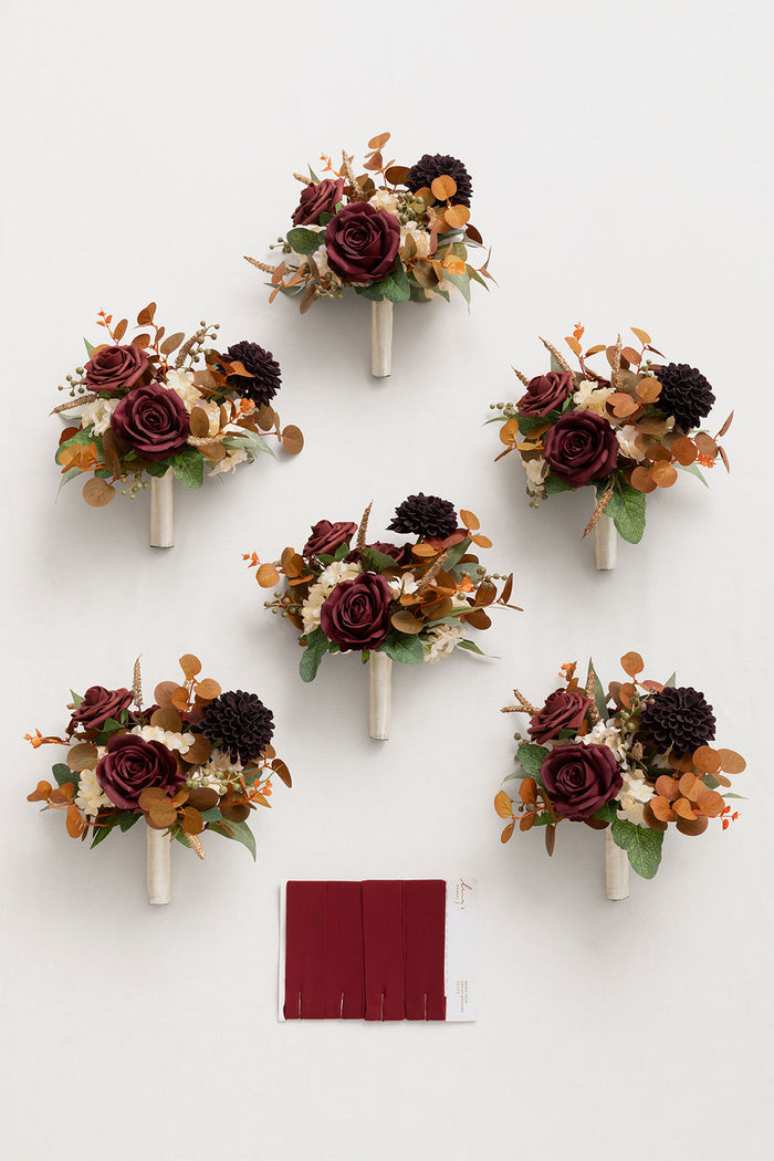 Set of 6 | 7" Bridesmaid Posy in Burgundy & Burnt Orange