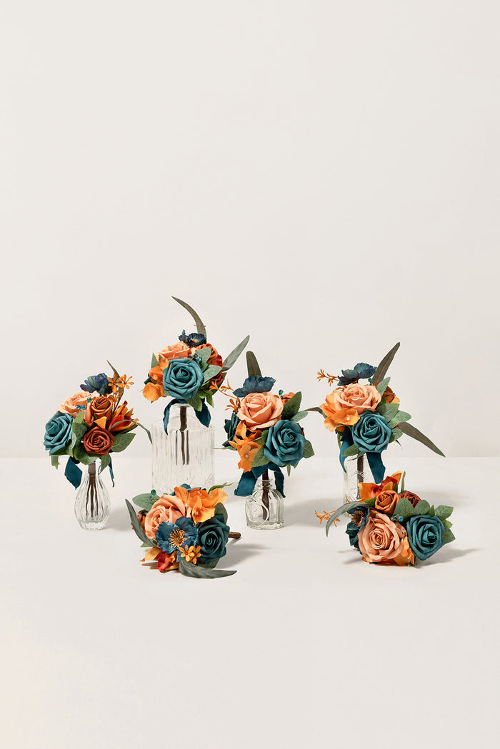 Mini Ready-to-Use Flower Centerpiece Set in Dark Teal & Burnt Orange