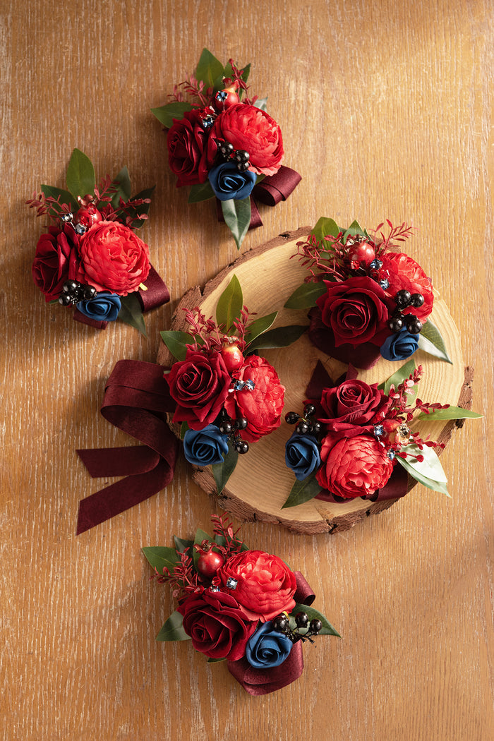 Set of 6 | Wrist Corsages in Burgundy & Navy | Clearance