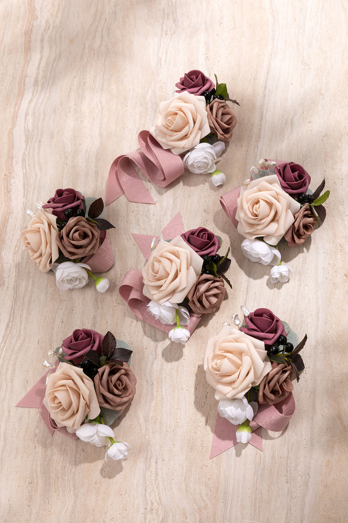 Set of 6 | Wrist Corsages in Dusty Rose & Mauve | Clearance