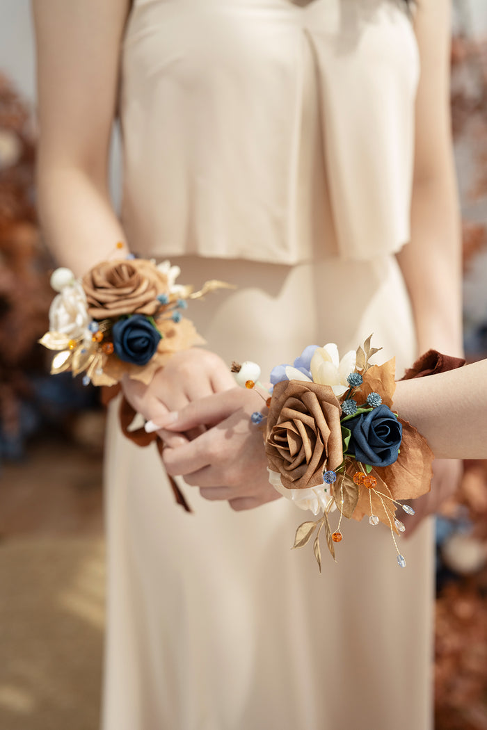 Wrist Corsages in Russet Orange & Denim Blue - Image 2