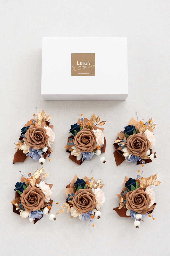 Wrist Corsages in Russet Orange & Denim Blue - Image 4