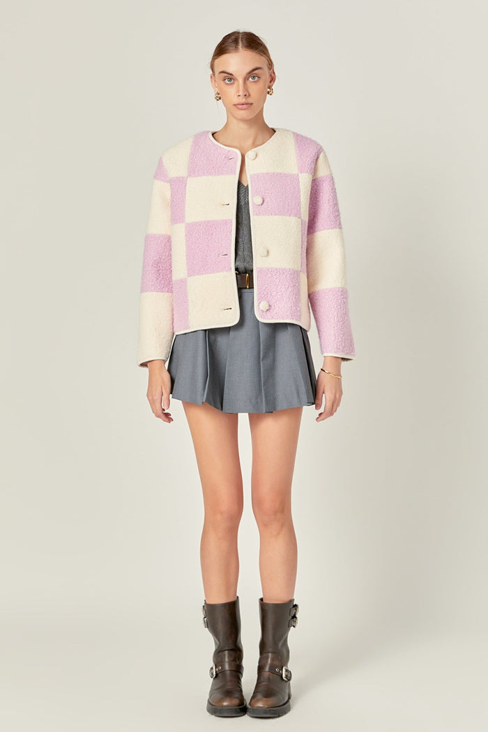 Shearling Check Cardigan