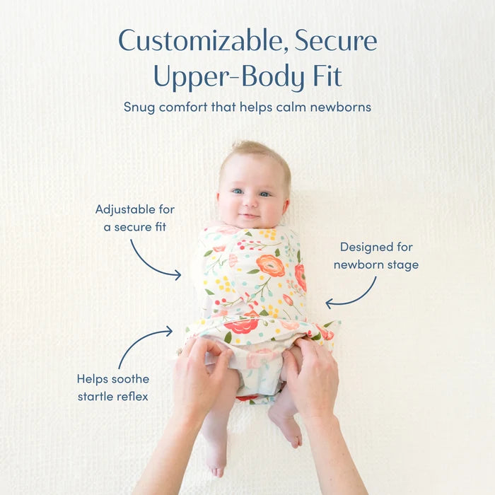 Baby being swaddled in a floral pattern with text describing the product's features.
