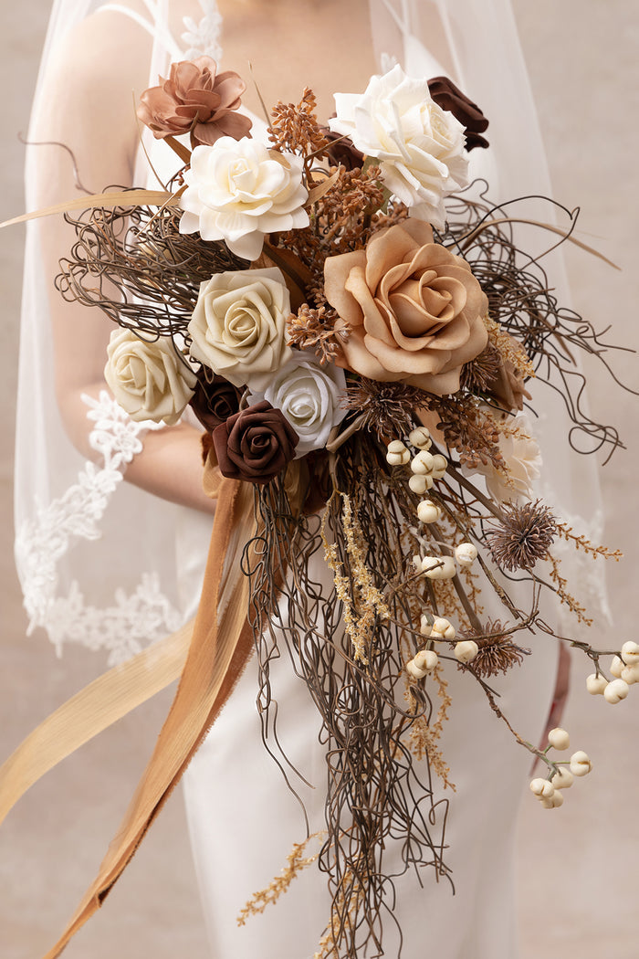 Small Cascade Bridal Bouquet in Beige Raw Serenity - Image 5