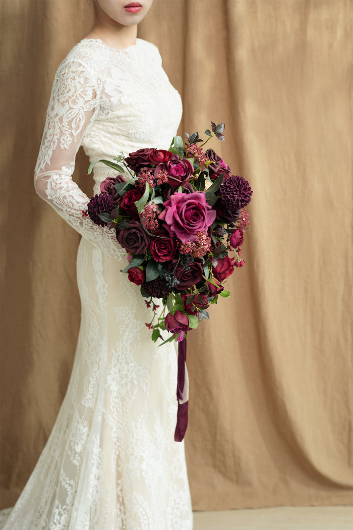 Small Cascade Bridal Bouquet in Bordeaux Red & Wine - Image 2
