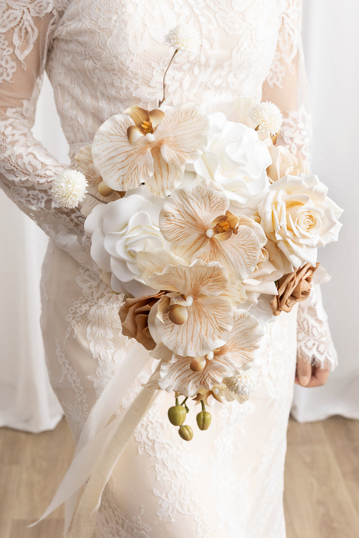 Small Cascade Bridal Bouquet in Tawny Beige & Sand Beige - Image 3