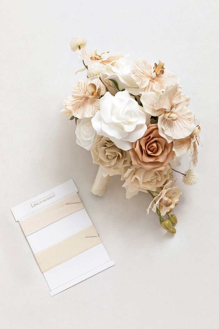 Small Cascade Bridal Bouquet in Tawny Beige & Sand Beige - Image 4