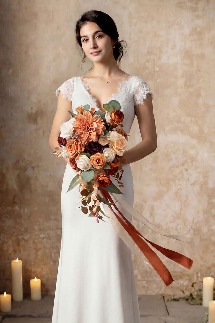 Small Cascade Bridal Bouquet in Terracotta & Cream