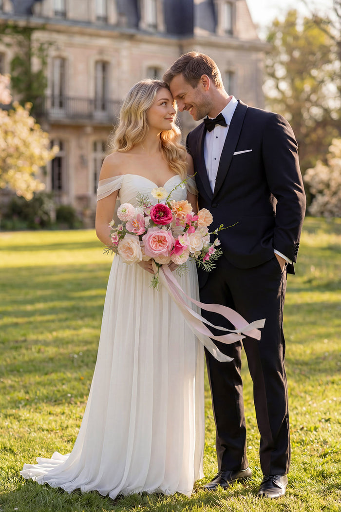 Small Free-Form Bridal Bouquet in Powder Pink & Berry Pink & Cream - Image 3