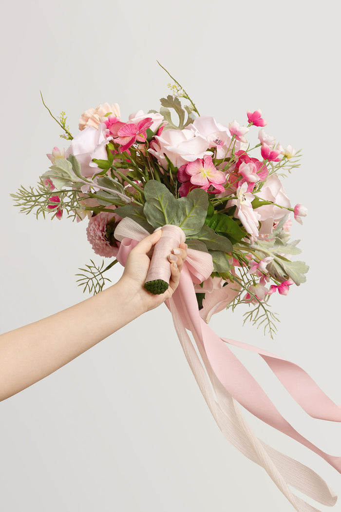 Small Free-Form Bridal Bouquet in Powder Pink & Berry Pink & Cream - Image 4
