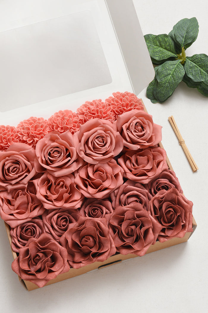 Supporting Flower Boxes in Peach Pearl & Dusty Cedar & Peach Smoothie | 8pcs extra leaves