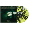 Drug Church Swell album cover features a blurred green urban scene next to a Canary Yellow vinyl LP with black splatter and tracklist on the label, available now for Album Presale.