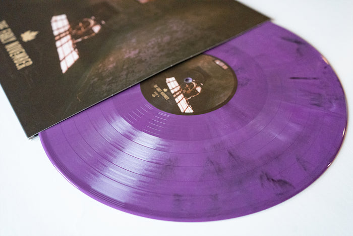 A The Early November Eco Mix Vinyl LP, partially pulled from its dark cover, sits on a white surface—highlighting the unique marbled design of this limited-edition record.