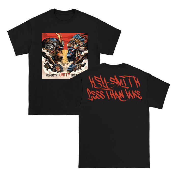 Black Less Than Jake Heavy T-shirt features a vibrant graphic of two stylized faces with HEY-SMITH UNITY LESS THAN JAKE on the front, and bold red HEY-SMITH LESS THAN JAKE text on the back.