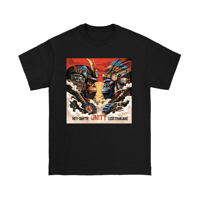 Black Gildan Heavy T-shirt from Less Than Jake featuring stylized artwork of a human and gorilla in profile, with “HEY-SMITH UNITY LESS THAN JAKE” printed below on a red and cream background.