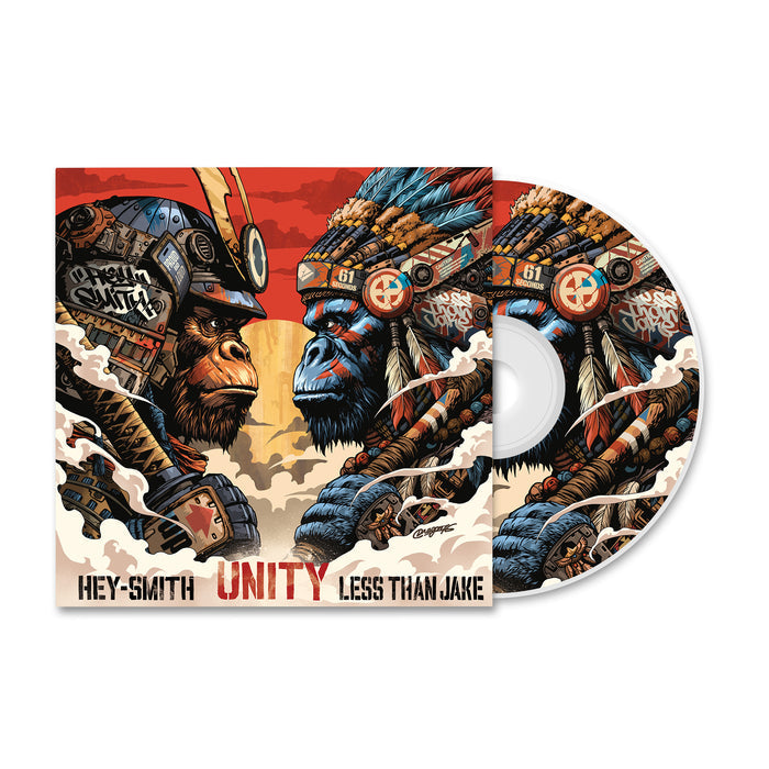 Album cover and CD show two colorful warrior gorillas facing off, set against a sunset with dramatic clouds. "Less Than Jake" appears at the bottom, and the tracklist is visible in the background.