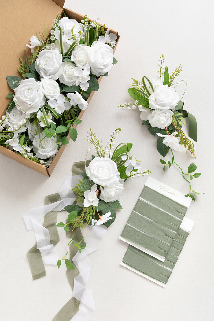 Wedding Aisle Decoration Pew Flowers in White & Sage - Image 5