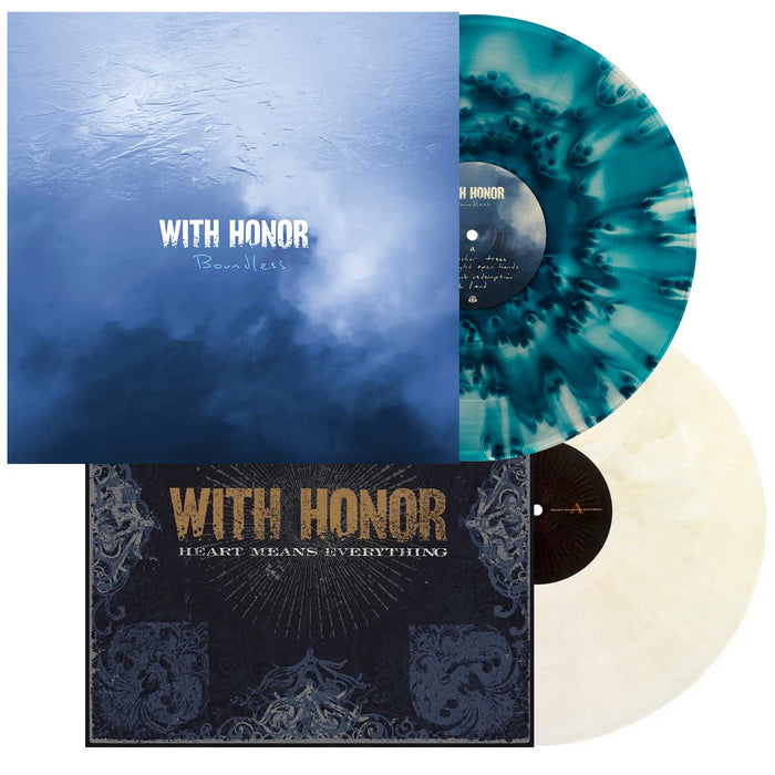 Two vinyl records—one blue-and-white marbled, one cream—are partially visible behind two With Honor album covers: Boundless on top and Heart Means Everything below.