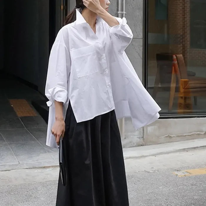 Women's White Loose Fit Irregular Long Sleeve Shirt Mimarta
