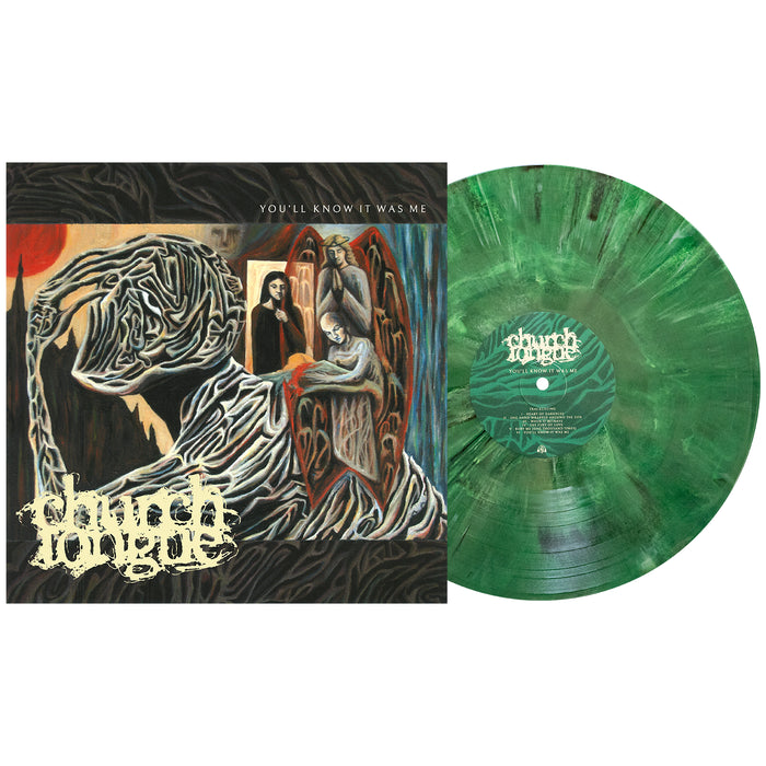 Church Tongue’s You’ll Know It Was Me album features surreal, abstract cover art with intertwined figures and a gothic vibe, paired with a marbled green vinyl pressing for a distinctive look.