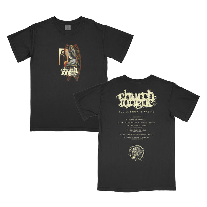 Black Comfort Colors t-shirt by Church Tongue features an illustrated hand and candle on the front; the back displays the band logo, “You’ll Know It Was Me” tour name, song list, and a graphic at the bottom—ideal for fans and collectors.