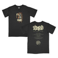 Black Comfort Colors t-shirt by Church Tongue features an illustrated hand and candle on the front; the back displays the band logo, “You’ll Know It Was Me” tour name, song list, and a graphic at the bottom—ideal for fans and collectors.