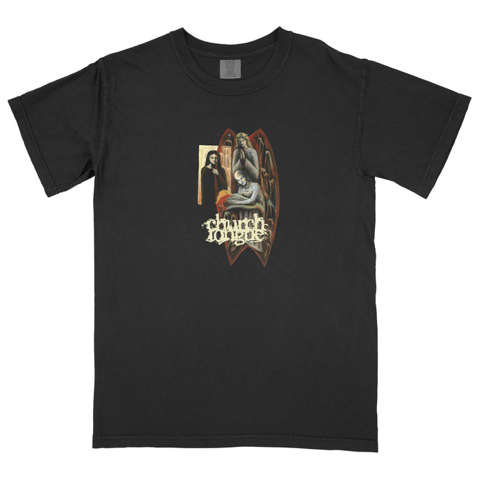 This black Church Tongue t-shirt showcases gothic artwork of a winged figure seated with another standing behind, plus stylized Church Tongue text—ideal for fans of unique printed apparel.